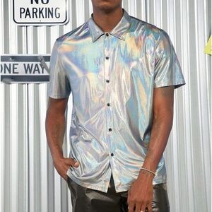 New SHEIN Men Holographic Button Front Small Shirt